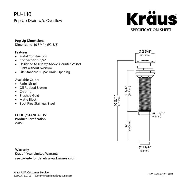 KRAUS Pop-Up Drain for Vessel Bathroom sink
