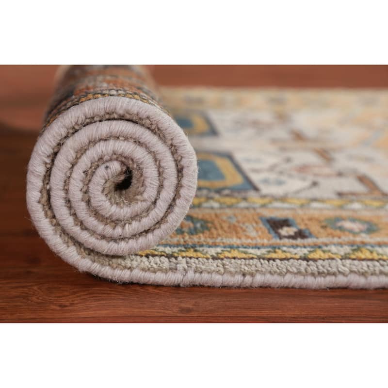 Hand Knotted Oriental 100% Wool Carpet Traditional Geometric Greys & Charcoal Heriz (serapi) Runner Rug - 8' 0'' X 2' 7''