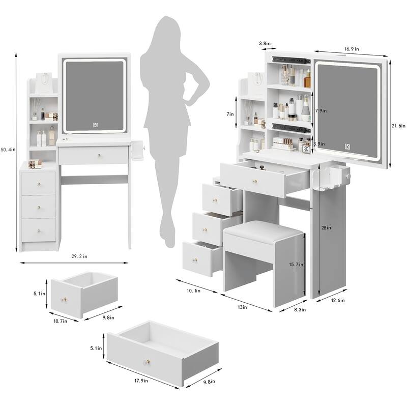 Left Cabinet Makeup Vanity with LED Mirror and USB Power Station and Cushioned Stool
