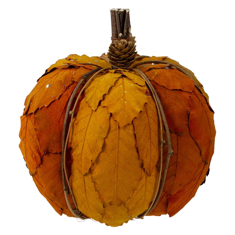 Fall Harvest Layered Leaves Pumpkin with Pinecones Decoration - 7.5" - Orange