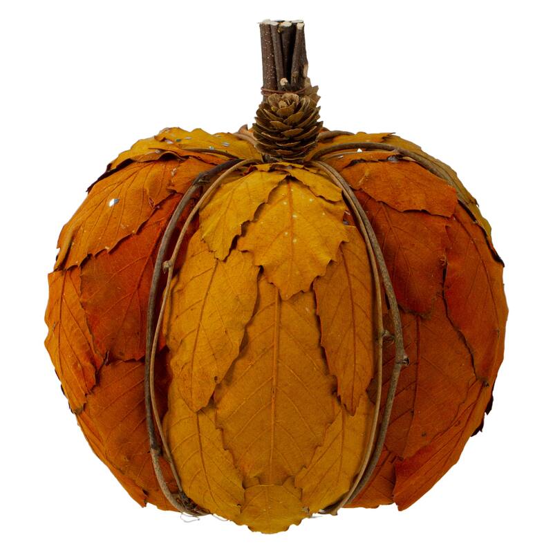 Fall Harvest Layered Leaves Pumpkin with Pinecones Decoration - 7.5" - Orange