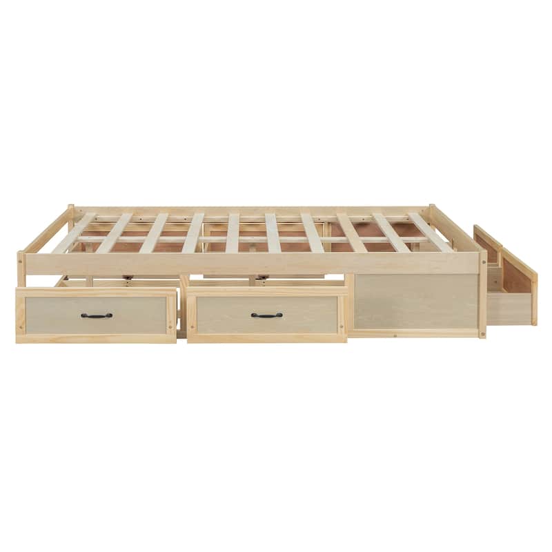 Queen Size Platform Bed Frame with 6 Built-In Storage Drawers, No Headboard, Low Profile Design in Antique
