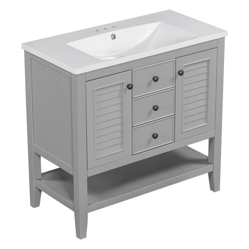 36" Bathroom Vanity with/without Sink, Bathroom Vanity Cabinet with 2 Cabinets and Drawers, Open Shelf, Solid Wood Frame