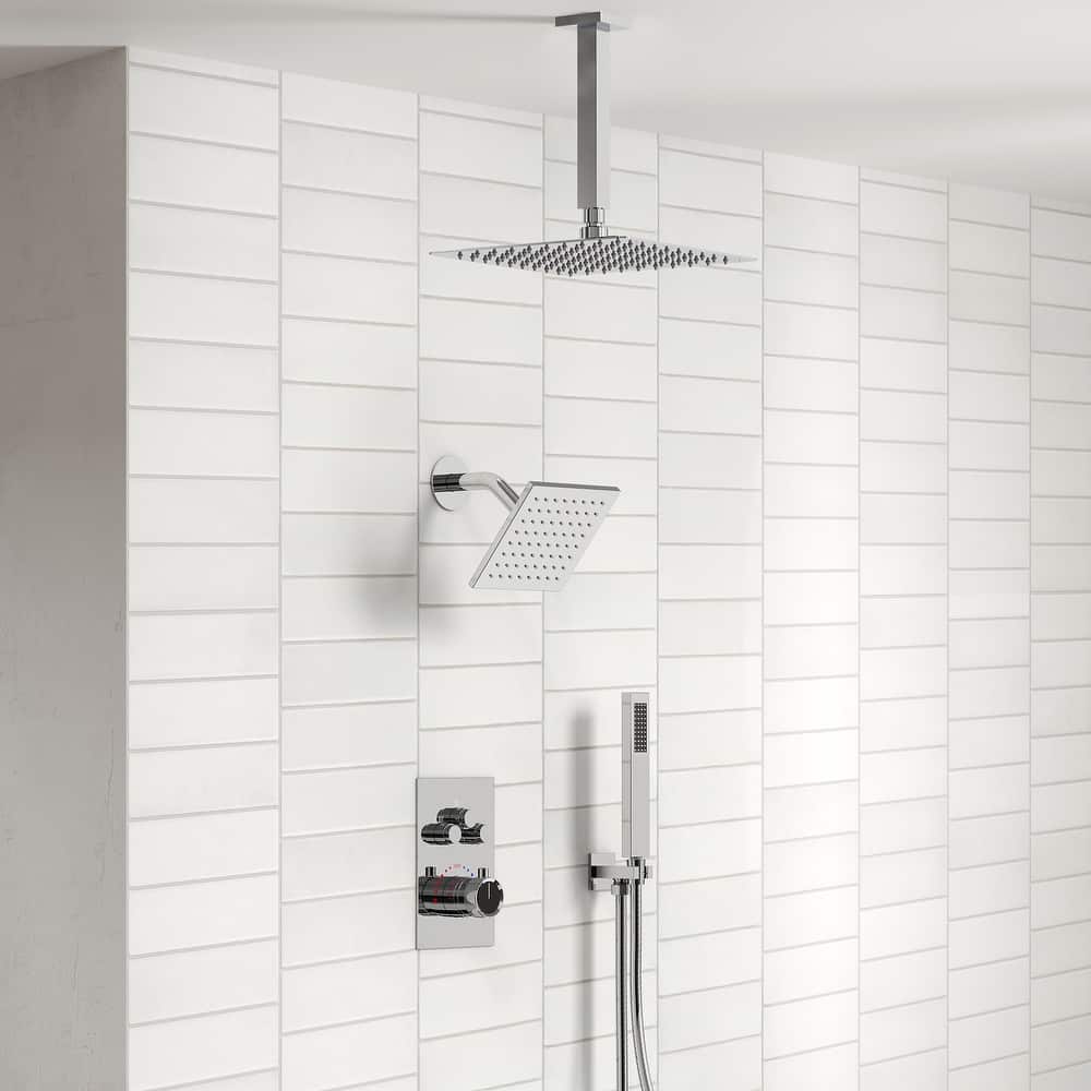 Thermostatic Shower Faucet, 12" High-Pressure Dual Showerheads System with Rough-In Valve