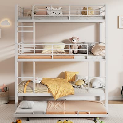 Heavy Duty Triple Bunk Bed Dormitory Iron Frame Bed w/ Trundle, Twin Size