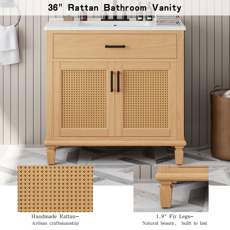 36" Rattan Bathroom Vanity with Ceramic Sink