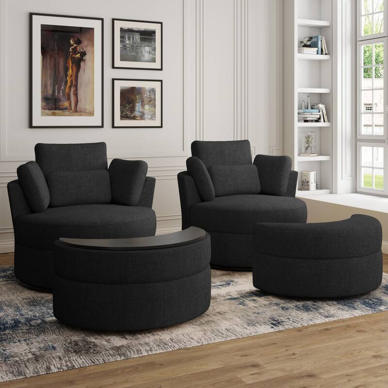 Upholstered Swivel Barrel Armchair with Storage Ottoman (Set of 2) - Chair&Ottoman set - Black Chenille