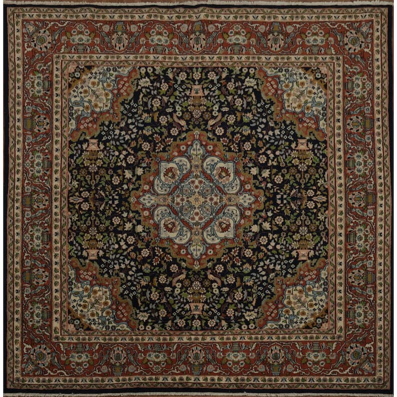 Hand Knotted Oriental 100% Wool Carpet Traditional Floral Navy Blue & Blues Bokhara Area Rug - 6' 3'' X 6' 2''