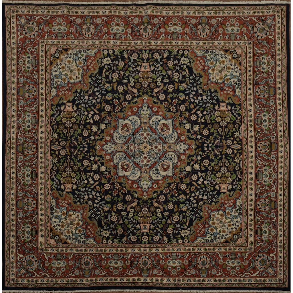 Hand Knotted Oriental 100% Wool Carpet Traditional Floral Navy Blue & Blues Bokhara Area Rug - 6' 3'' X 6' 2''