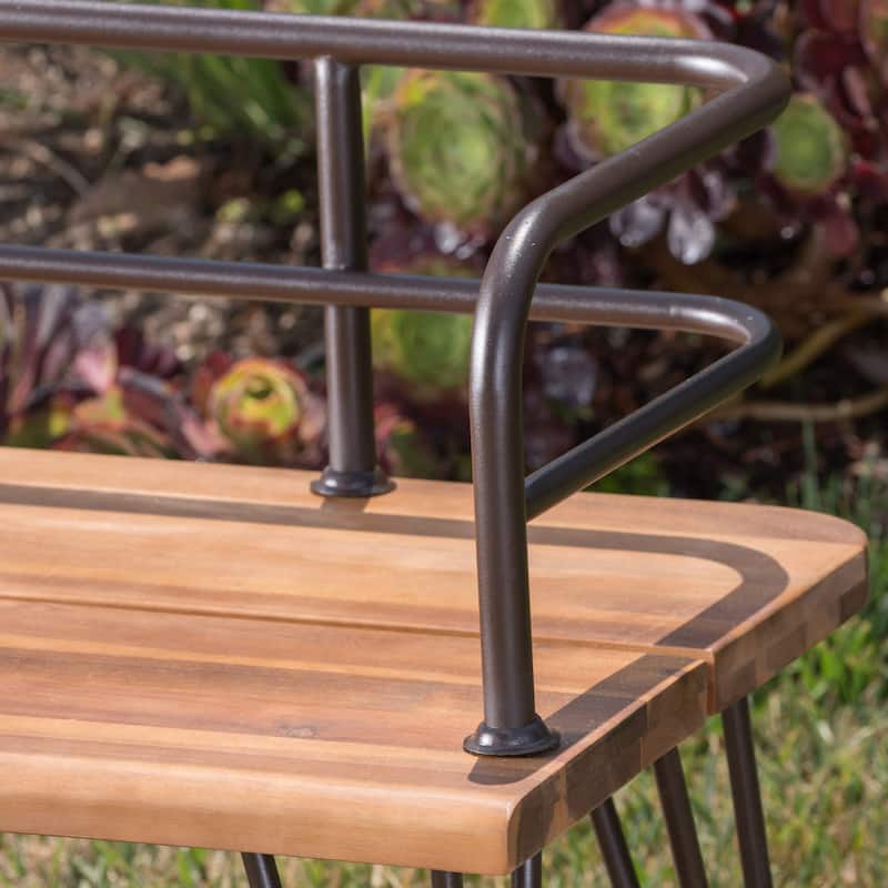 Roomfitters Outdoor Acacia Wood Bench with Metal Backrest and Hairpin Legs, Teak