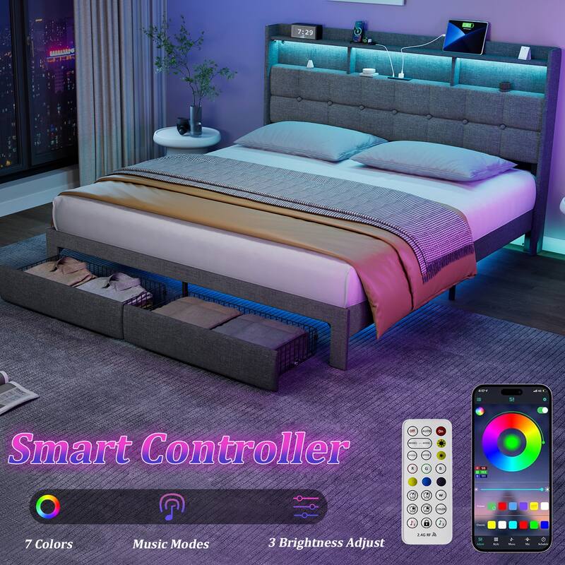King Size Upholstered Platform Bed with LED Lights, Charging Station & Storage Headboard, No Box Spring Needed