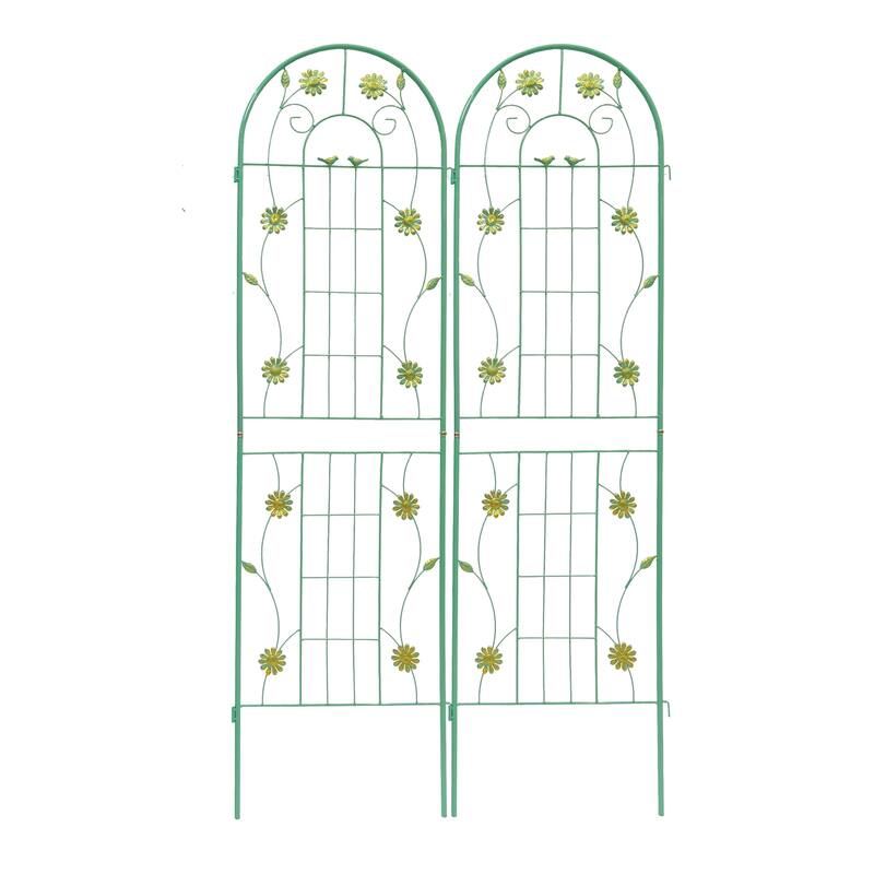 Anmytek Decorative Metal Garden Trellis Set of 2 with Arch Top Daisy Motifs Green Weather Resistant Climbing Plant Support