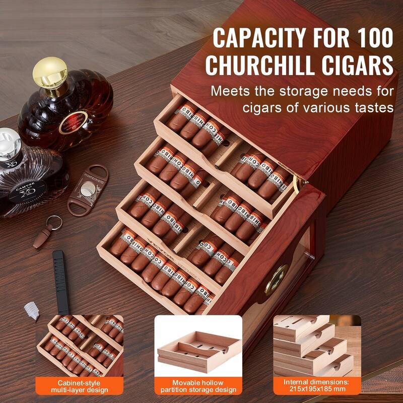Cigar Humidor, Glass Top Cigar Humidor Box, Handmade Spanish Cedar Wood Cigar Desktop Box, Cigar Storage Case with Humidifier