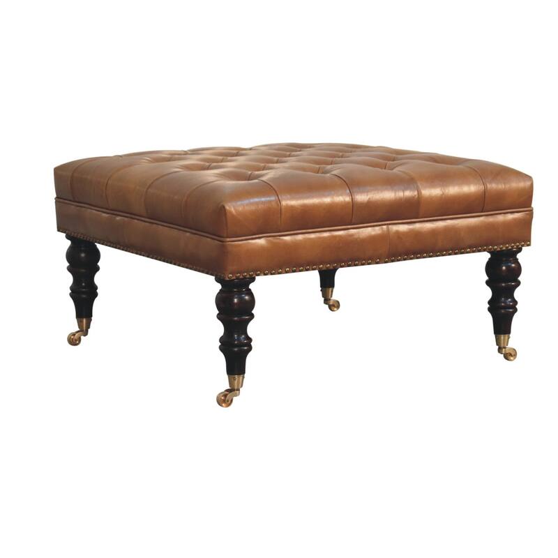 Artisan Furniture Solid Wood Studded Buffalo Tan Leather Ottoman with Castor Legs