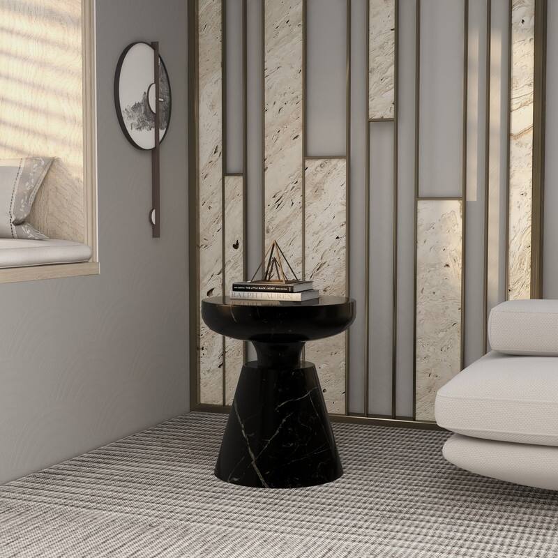 Isle Modern Round Side Table in Fiberstone for Indoor and Patio Outdoor End Table with Pedestal Base