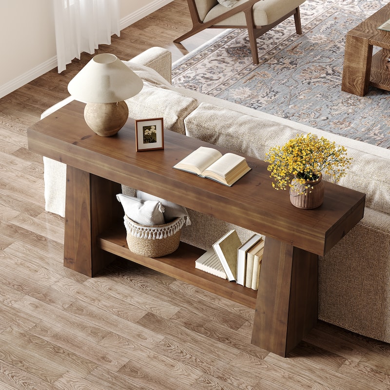 63 Inch Solid Wood Console Table with Shelf for Entryway