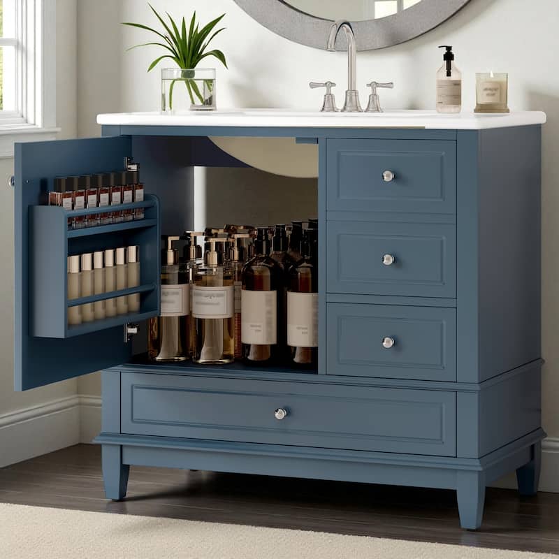 36" Freestanding Bathroom Vanity with Ceramic Sink, Solid Wood & MDF Cabinet, 3 Drawers & Shelves, Painted Finish