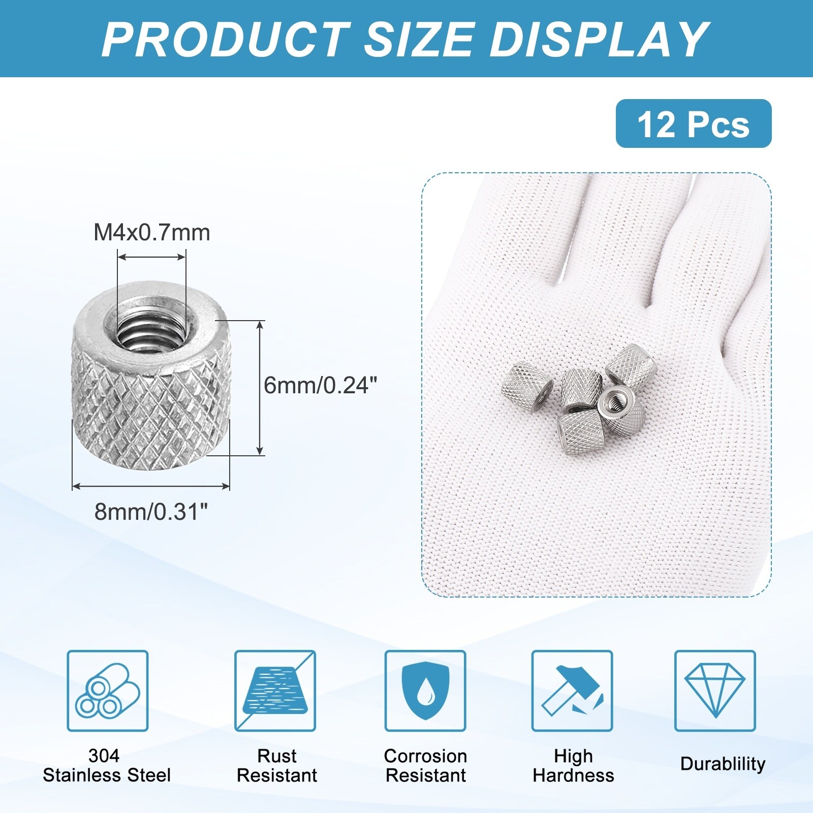 M3 6 Pack 304 Stainless Steel Round Knurled Connector Nuts,0.24"OD x 0.24"H