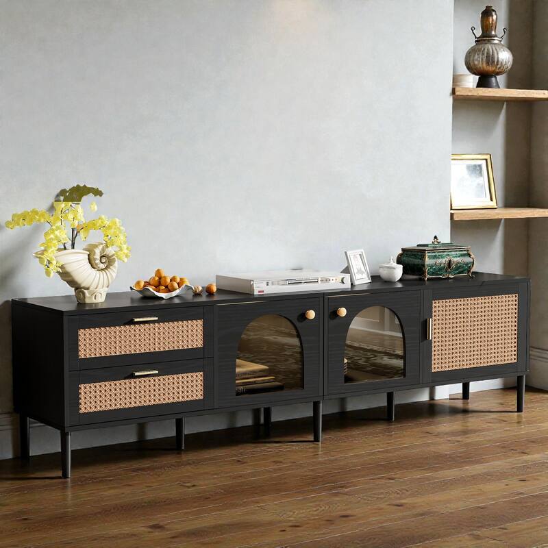 Rattan TV Stand with LED Lights, 3 Cabinets & 2 Drawers, Media Console for TVs up to 80'', Modern Entertainment Center
