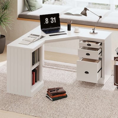 Modern L Shaped Executive Desk with 2 Storage Cabinets and 3 Drawers