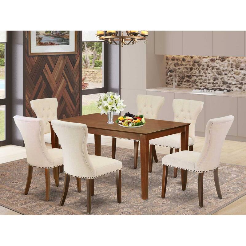 HomeStock 7-Piece Mahogany Finish Solid Wood Top Dining Table with 6 Chairs with Lattice Back