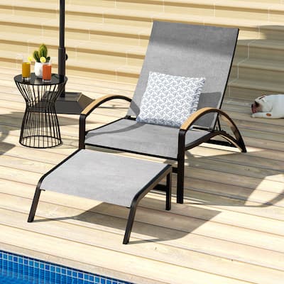 Outdoor Adjustable Lounge Aluminum Chair with Wheel and Ottoman (Gray)