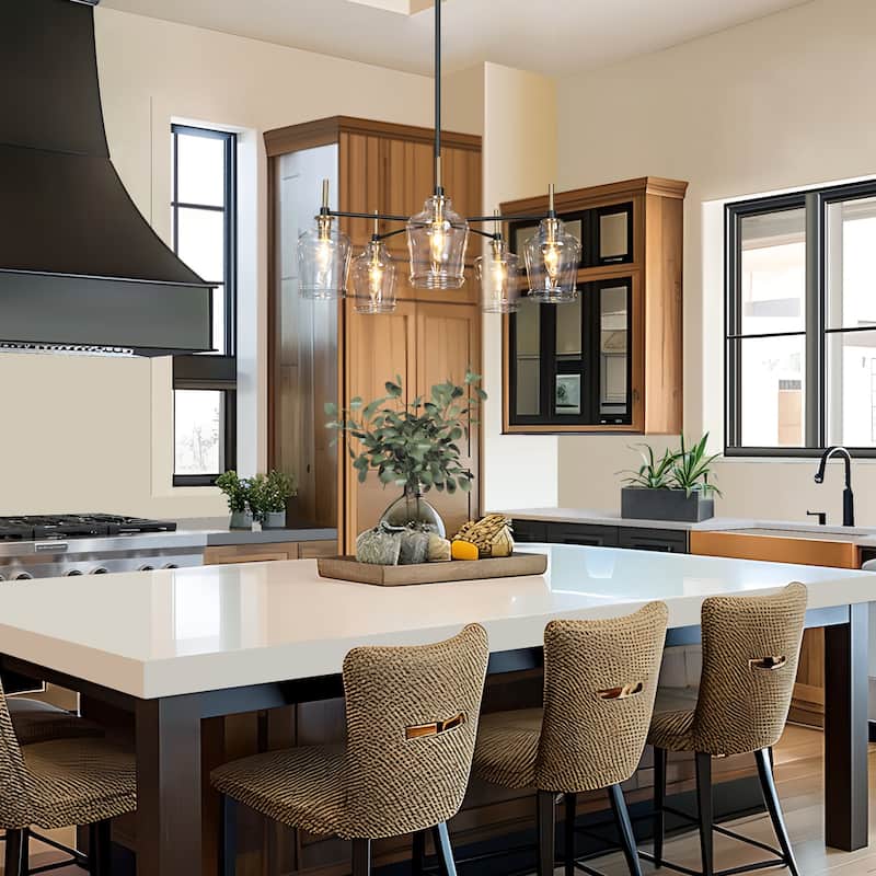 Mid-Century Modern 5-Light Glass Chandelier Black Gold Pendant Lights for Dining Room