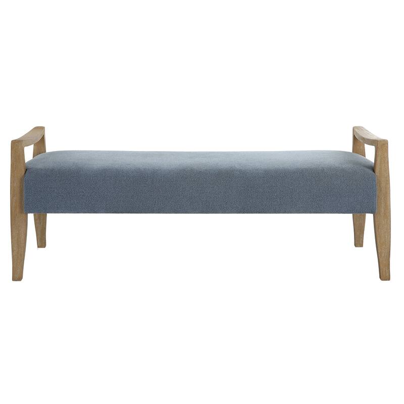 Upholstered Rectangular Bench with Curved Wooden Frame - 59.25" - Sky Blue and Brown