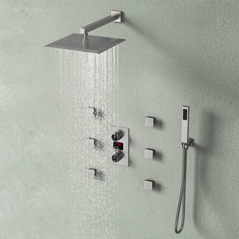 LCD Temperature Display 12" High-Pressure Shower System With Pressure Balancing Diverter Valve - 12-Inch