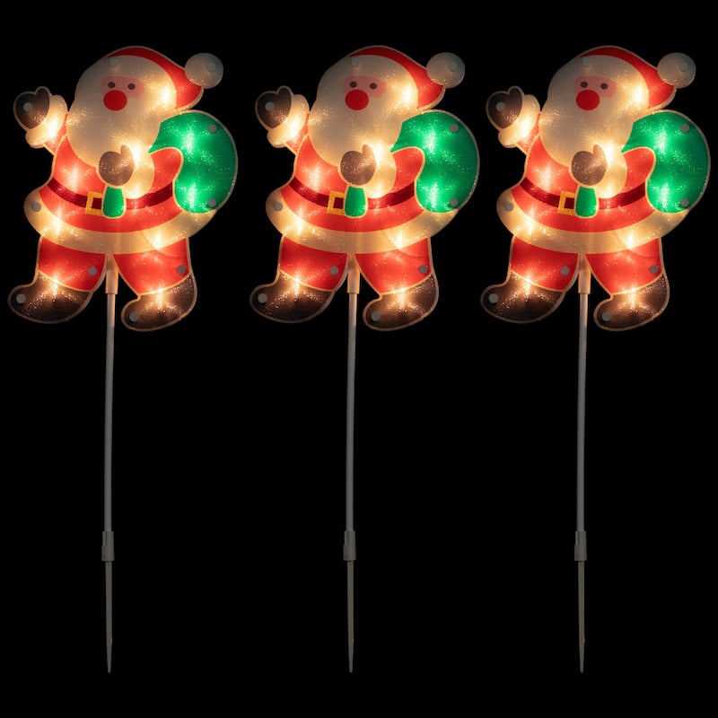 Set of 3 Lighted Holographic Santa Claus Christmas Pathway Markers 25"