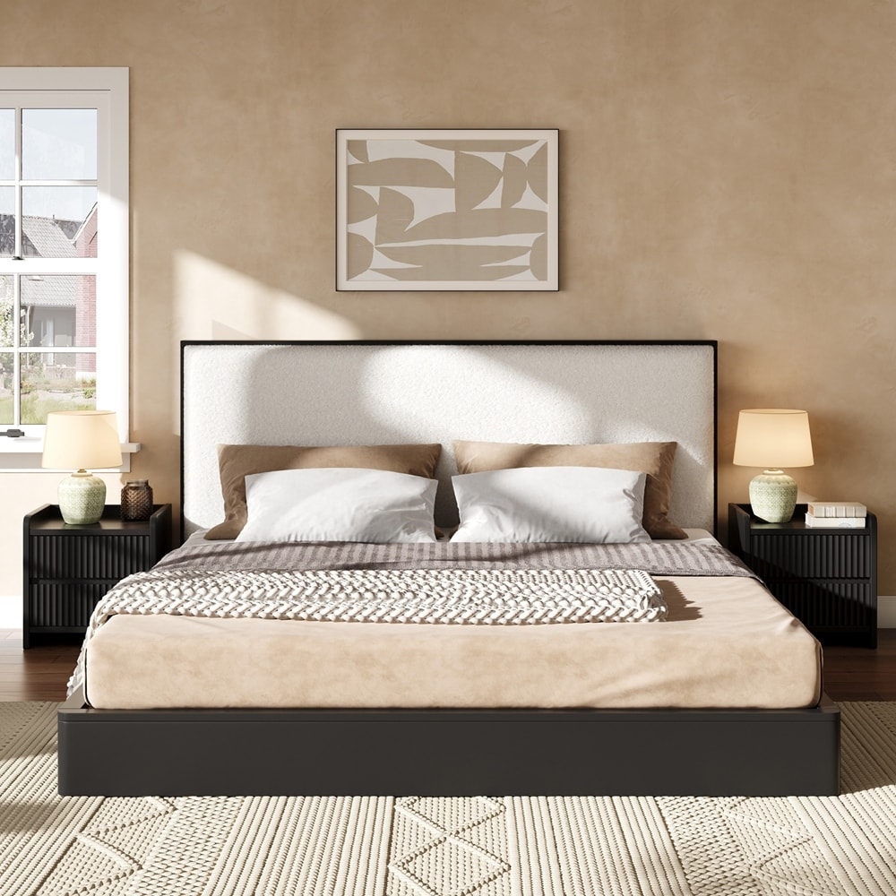 Solid Wood Platform Bed Frame with Boucle Upholstered Headboard