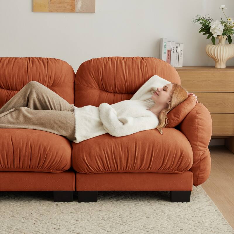 116" Chenille Pleated Design Sectional Sofa with Ottoman and 2 Round Pillows