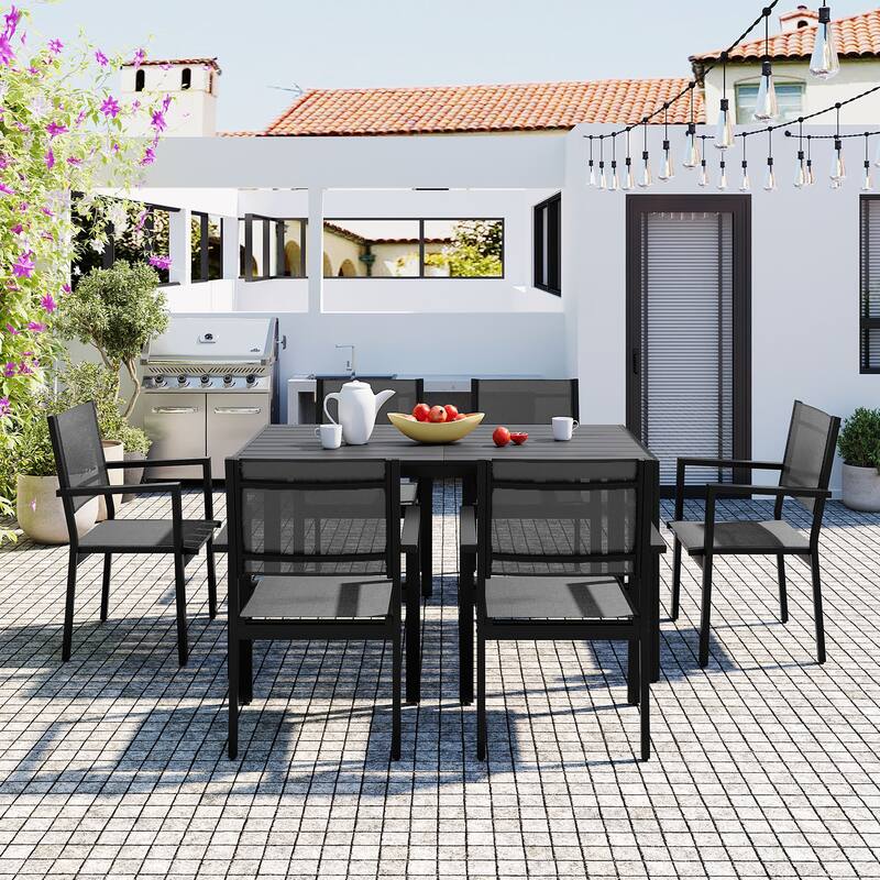 7 Pcs Outdoor Steel Dining Table and Chair Set, All Weather Patio Furniture Set with Rectangular Table and 6 Dining Chair