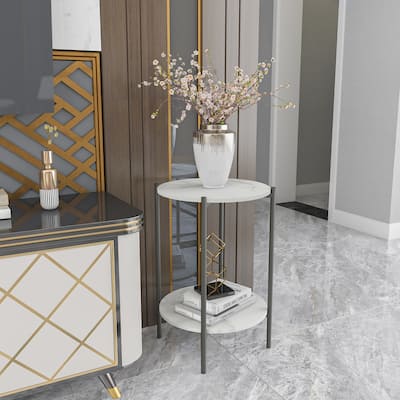 2-Tier Round Marble Sofa Side Table Coffee End Table Metal Black Frame