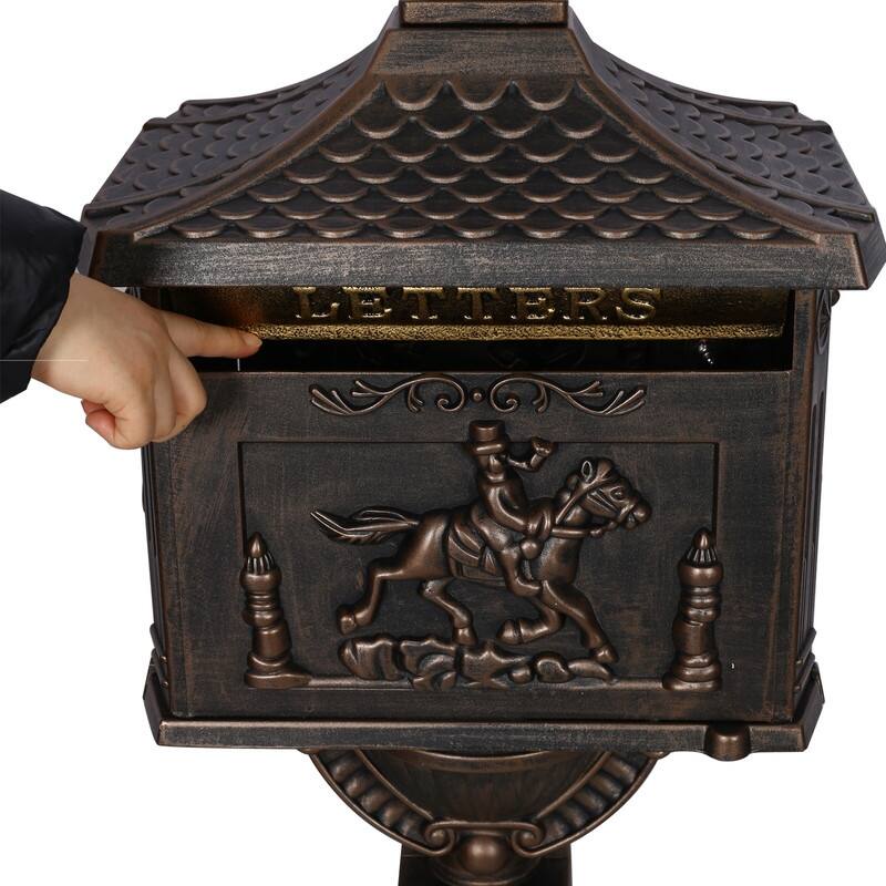 Retro Mid-century Aluminum Cast Mailbox with Post and Keys, Locking Residential Rust-Proof Security Postal Mailboxes