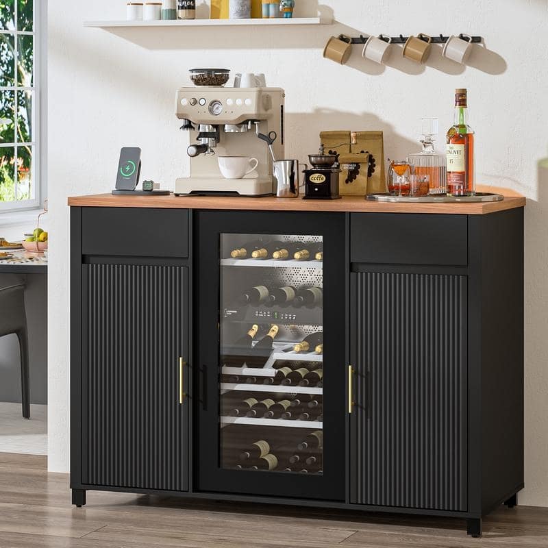 BOSSIN 53.23" Wine Bar Cabinet with Charging Station, Fluted Design, Fits 20" Wine Fridge, Adjustable Shelves for Kitchen