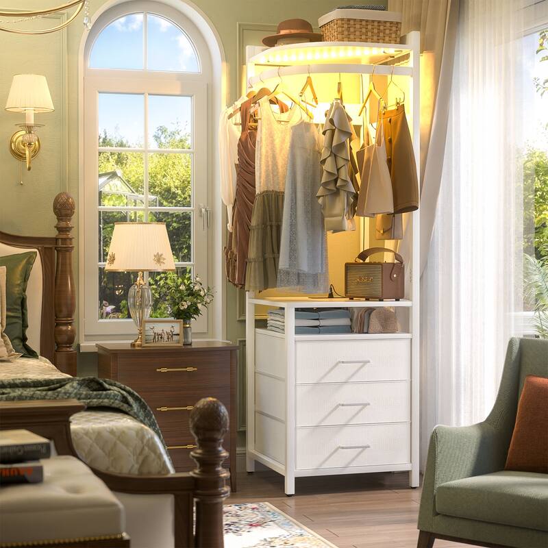 Corner Garment Rack with Power Outlets & LED Lights, Closet Organizer with 3 Fabric Drawers
