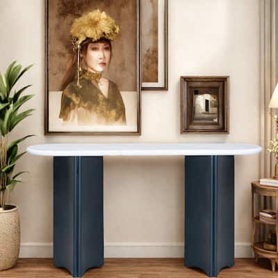 53.9" MDF Console Table with Faux Marble Top and Wooden Base for Living Room