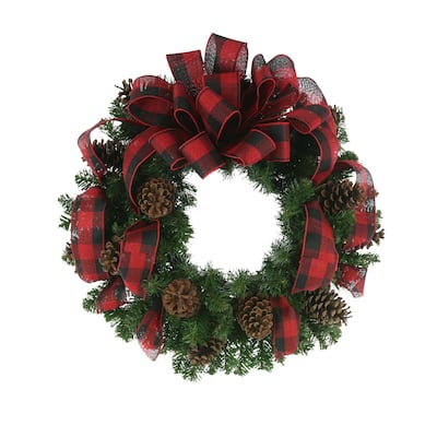 26 in Wreath with plaid bow - Red, Green - 26Hx26Wx9D