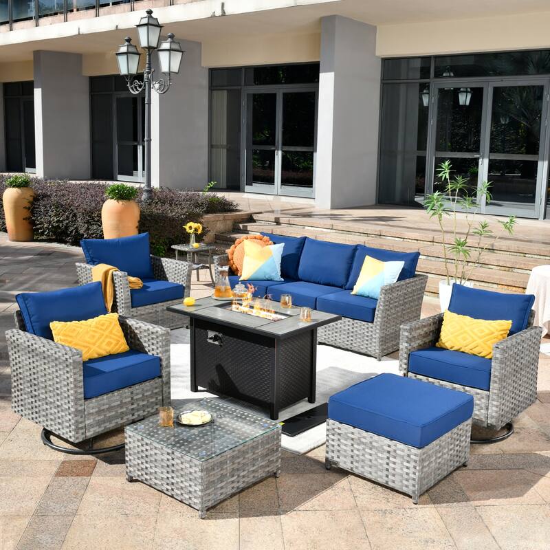 HOOOWOOO 10-piece Rattan Wicker Sectional Sofa Patio Furniture Set with Fire Pit Table - Navy Blue