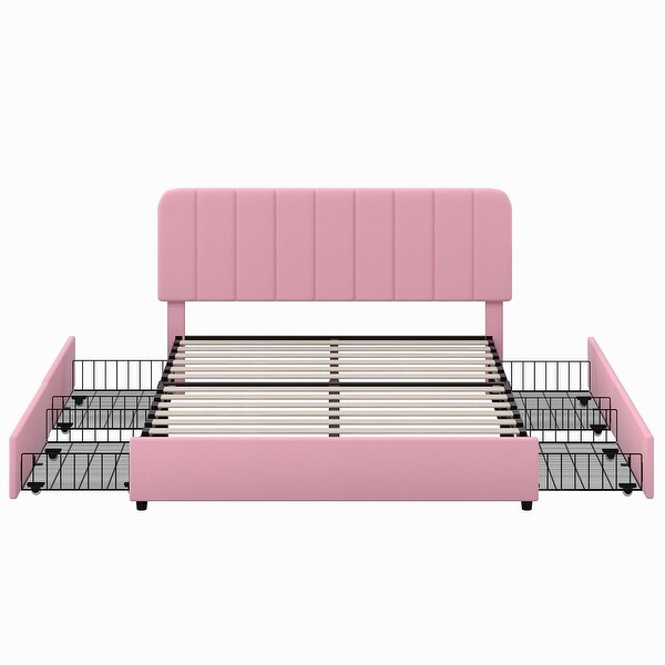 Pink Upholstered Platform Bed Frame with 4 Storage Drawers