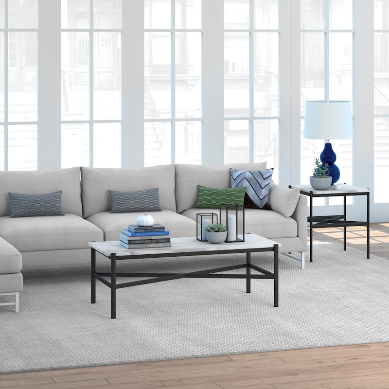 46 Inch Modern Faux Marble Coffee Table Rectangular Metal Base Accent for Living Room Decor - 46"L x 20"W x 16"H