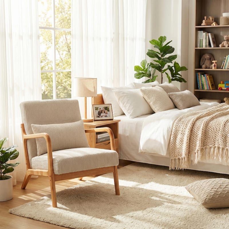 HOMYLIN Mid-Century Modern Accent Chair with Wood Arms - Beige