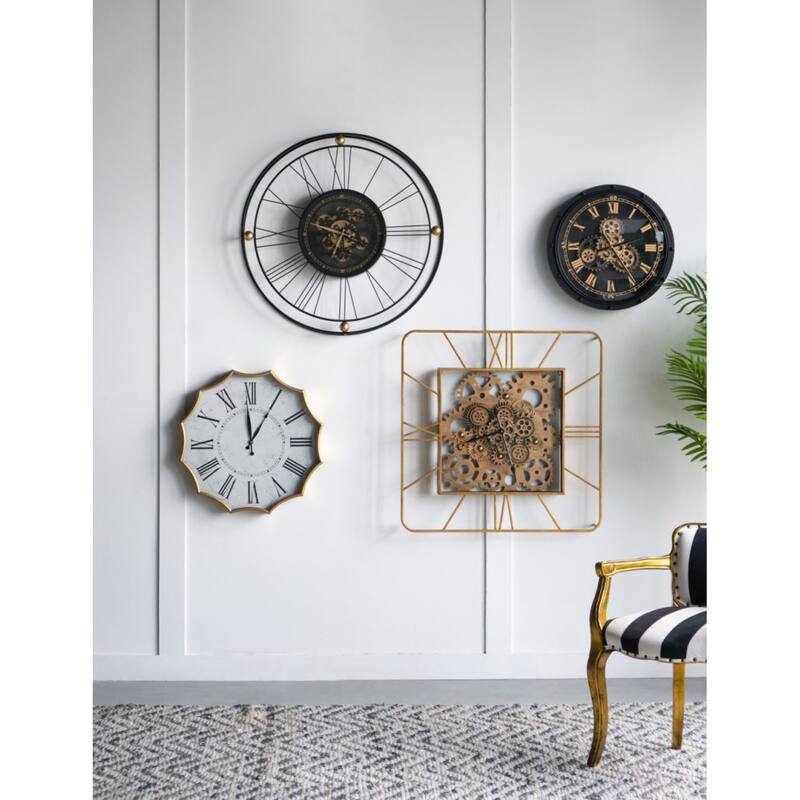 Large Roman Numerals Intertwining Gear Wall Clock 31.5" Black and Gold