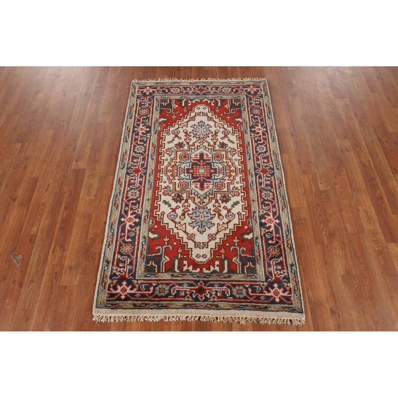 Ivory Geometric Heriz Serapi Oriental Accent Rug Handmade Wool Carpet - 3'0" X 4'11"