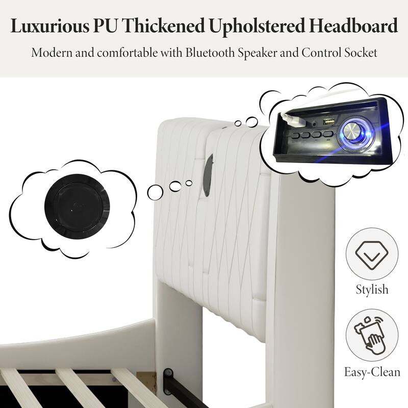 Queen Size Faux Leather Platform Bed with RGB LED Lights, Bluetooth Speakers, and Thickened Headboard