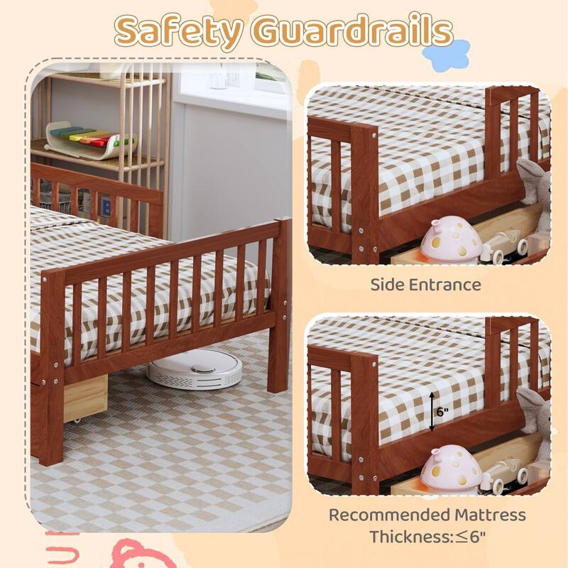 Twin Size Modern Pinewood Bed with Headboard Storage Rack and Two Under-bed Drawers