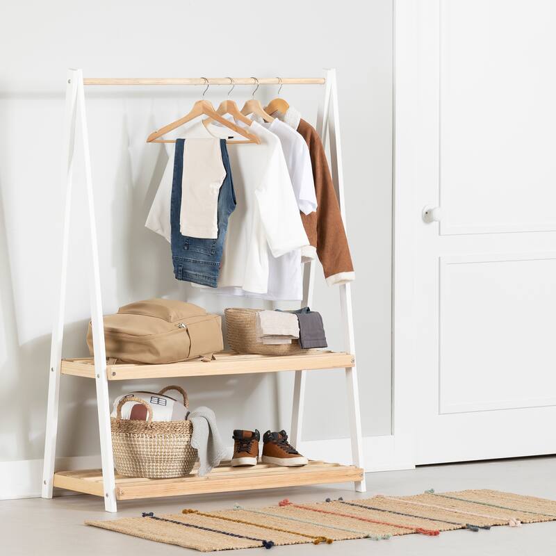 South Shore Sweedi Clothes Rack with Storage Shelves - White and Natural