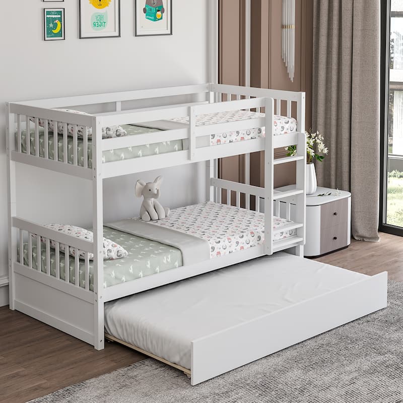 Costway Twin Over Twin Bunk Bed with Twin Trundle Solid Wood Frame - See Details