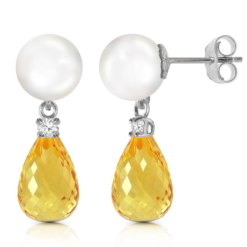 14K Solid Gold Stud Gemstone Earrings with Diamonds, Citrine & Pearl - White